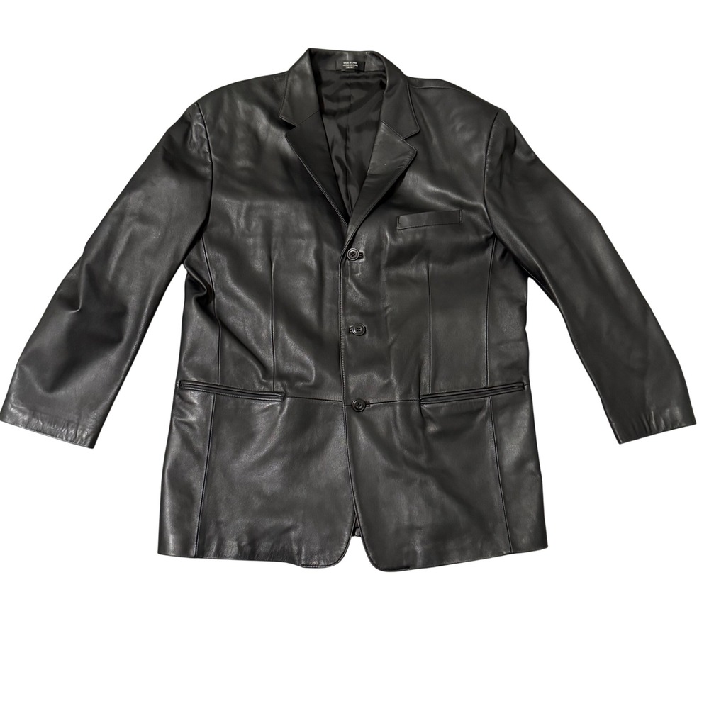 J Ferrar Mens Black Genuine Leather Blazer Jacket 3 Button Lined - Picture 1 of 8